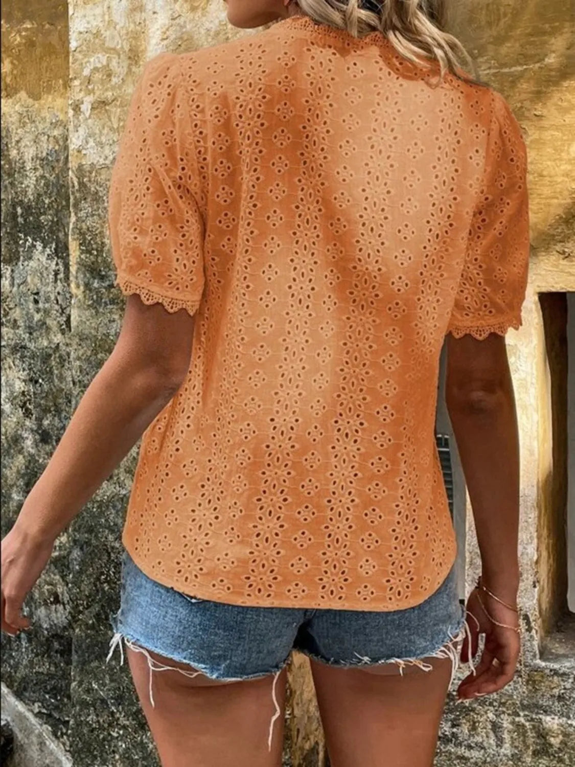 Full Size Lace Detail Eyelet V-Neck Short Sleeve Blouse Plus Size OutfitFlow