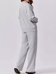 Zip Collar Dropped Shoulder Top and Pants Set OutfitFlow