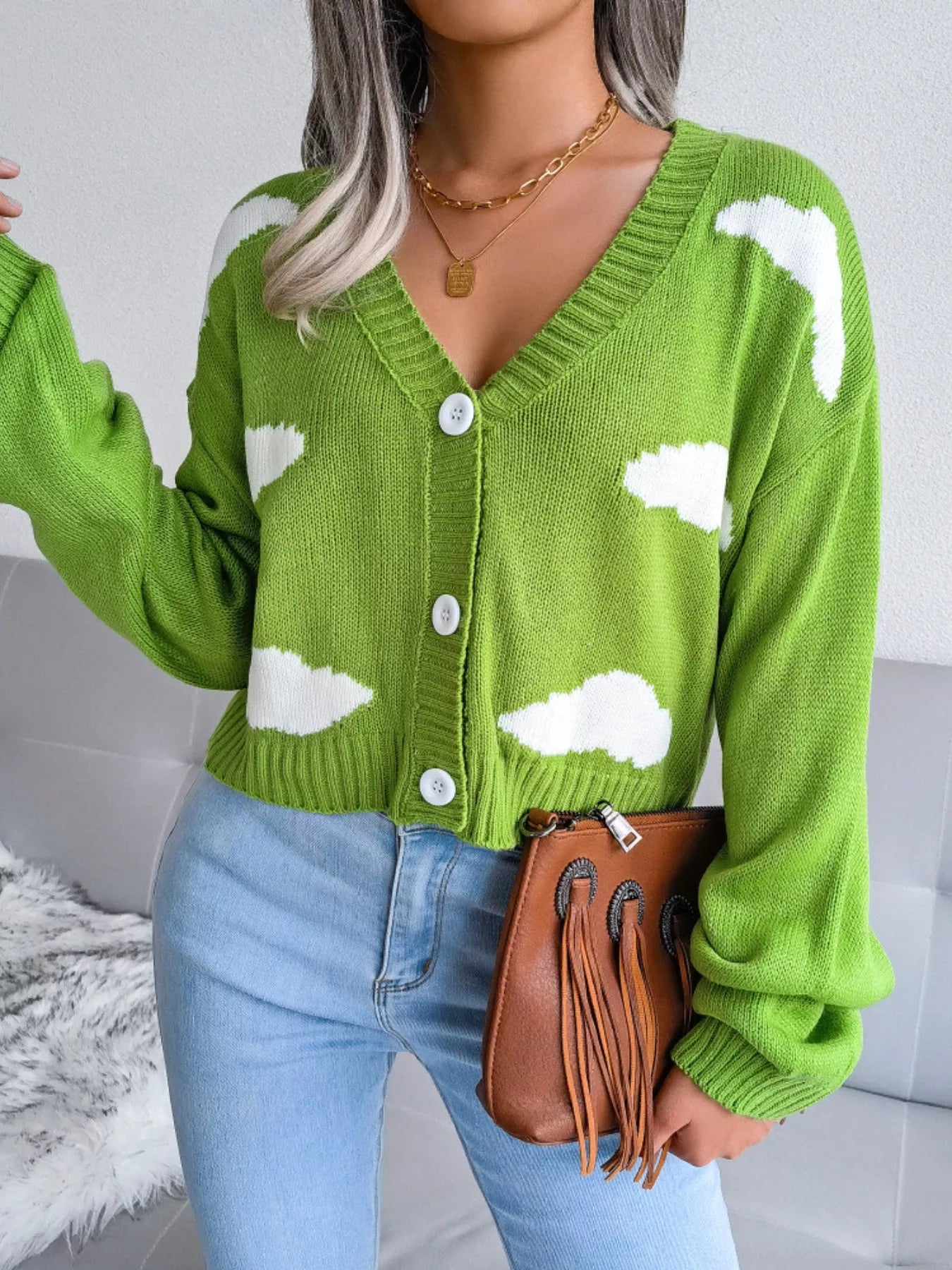 Cloud Pattern Button-Up Cropped Cardigan OutfitFlow