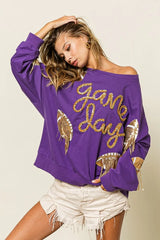 BiBi Sequin Football Patches Game Day Sweatshirt OutfitFlow