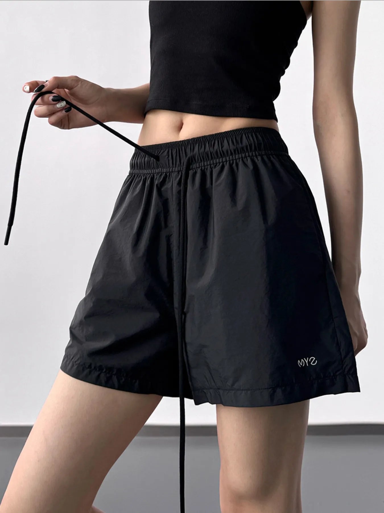 High Waisted Drawstring Shorts Black OutfitFlow