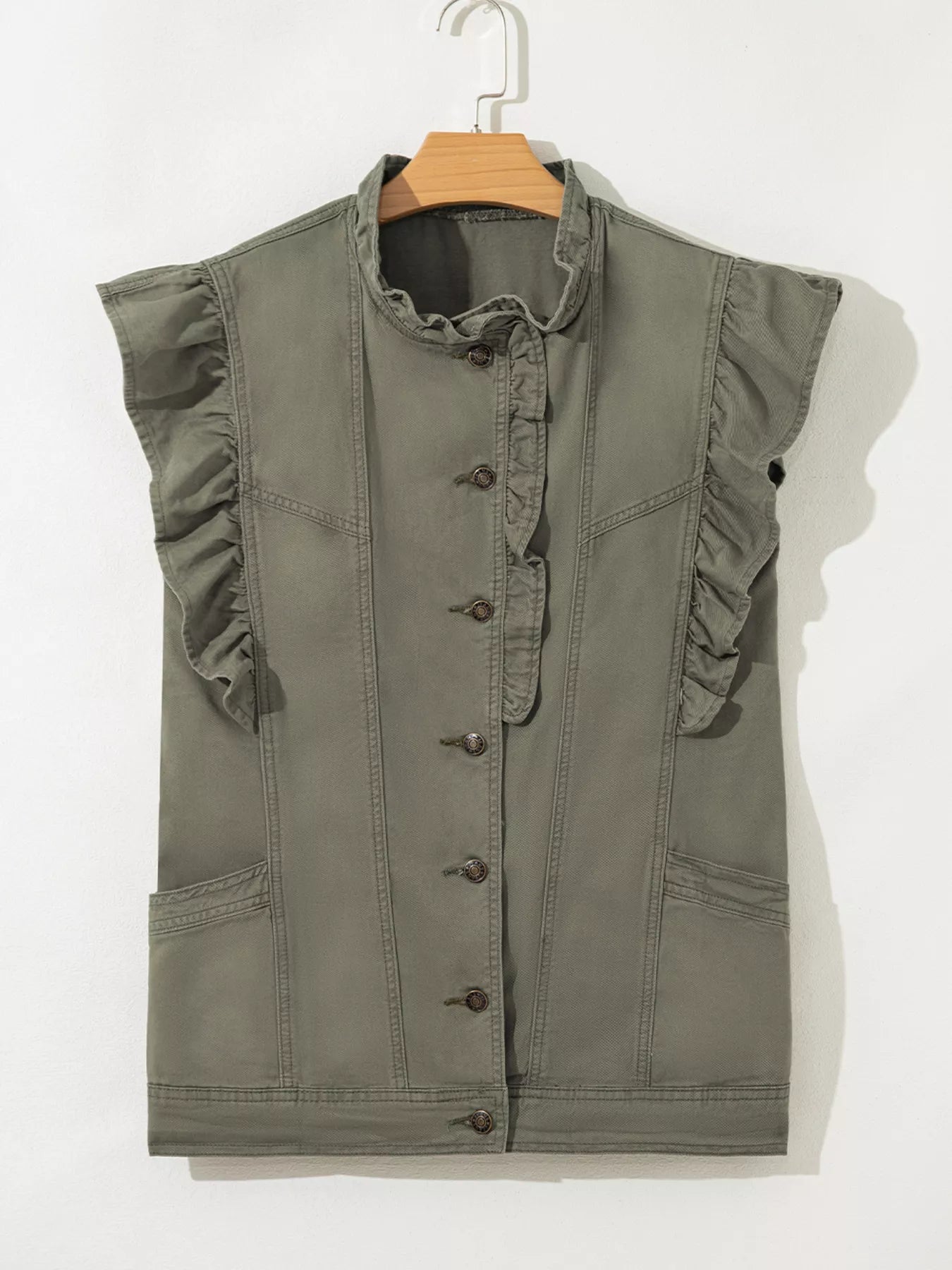 Ruffled Patchwork Denim Jacket Vest OutfitFlow