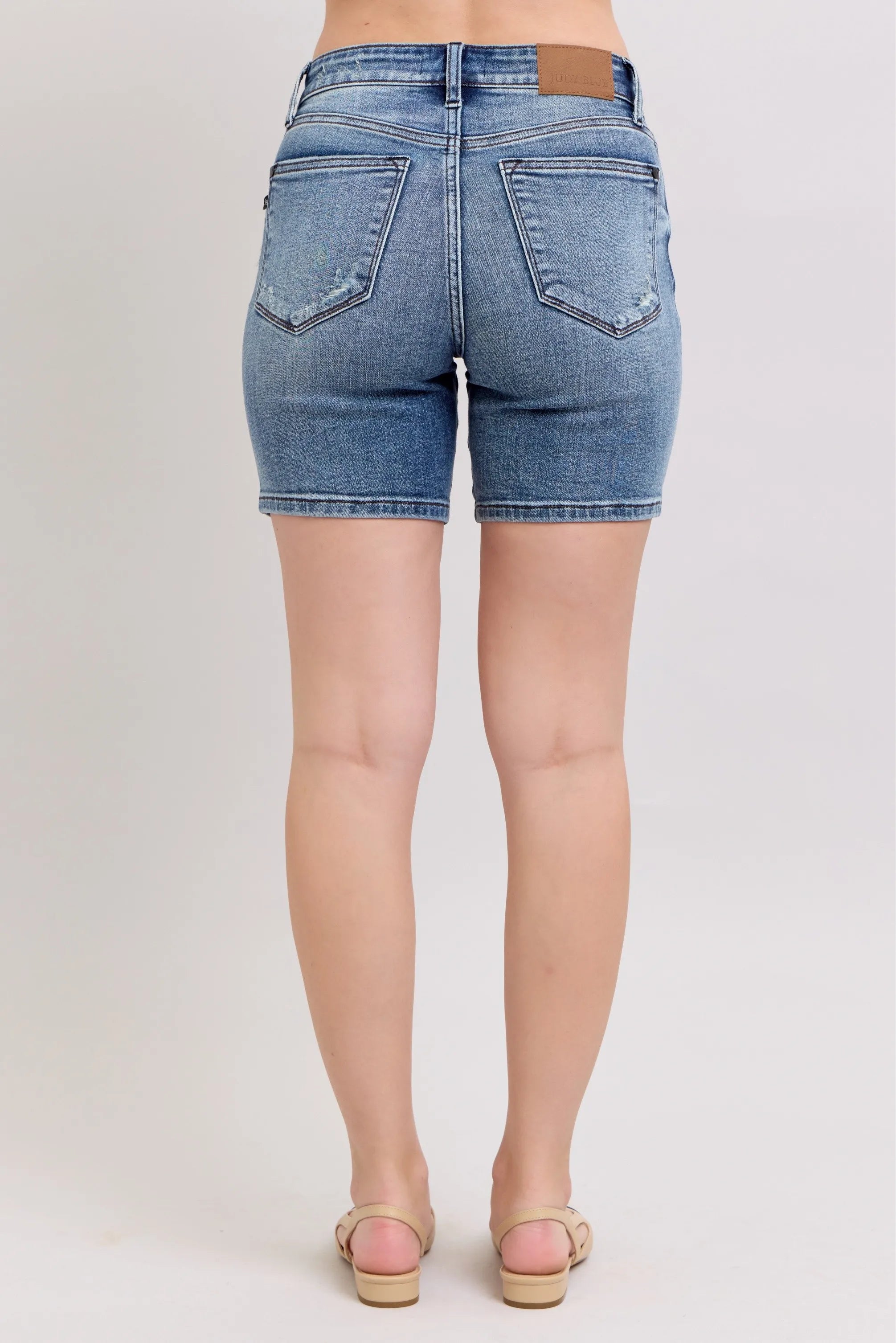 Judy Blue Button Fly Mid Length Denim Shorts W/ Destroy OutfitFlow