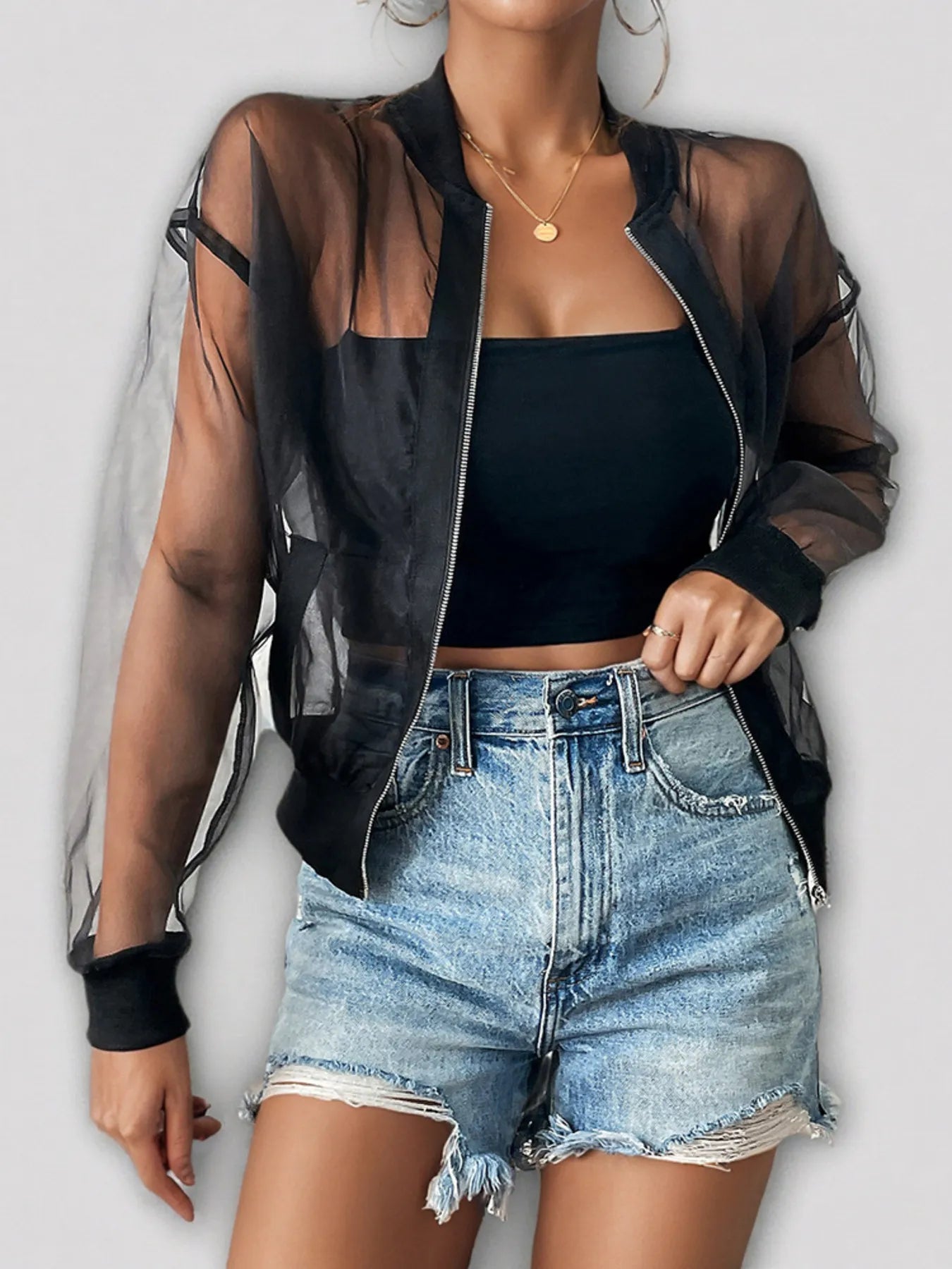 Sheer Mesh Zip Up Jacket OutfitFlow