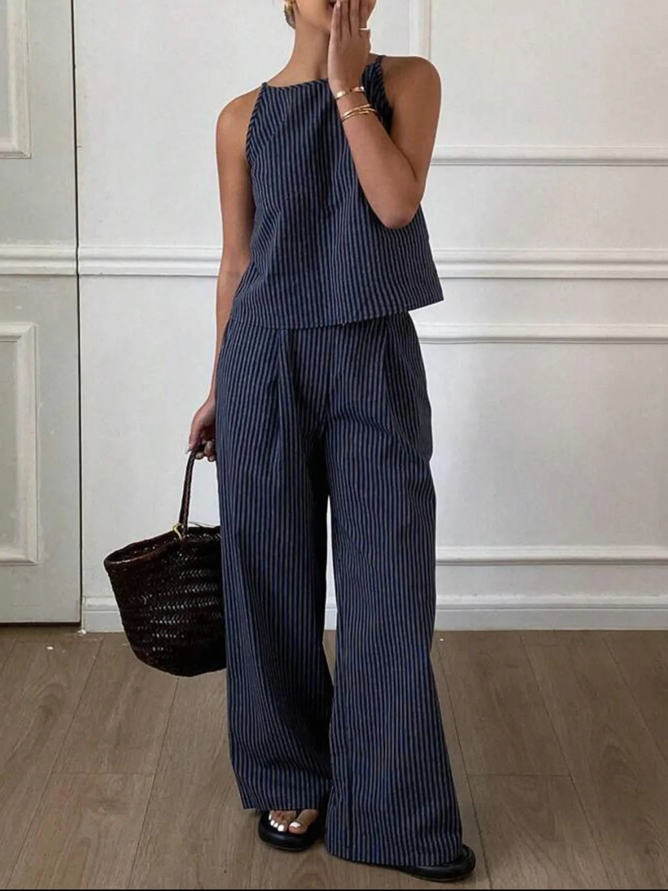 Striped Round Neck Tank and Wide Leg Pants Set OutfitFlow