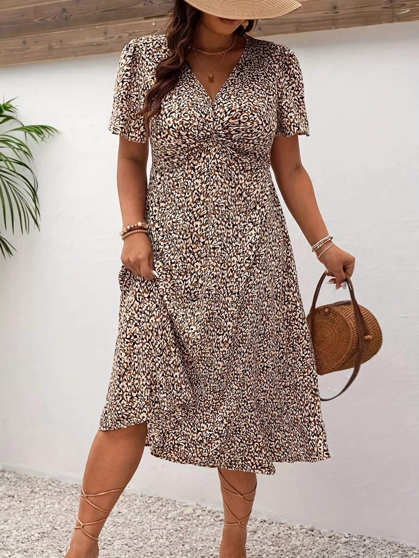 Plus Size Printed V-Neck Short Sleeve Midi Dress OutfitFlow