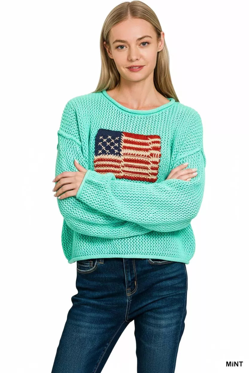 Zenana American Flag Crew Neck Sweater Trendsi