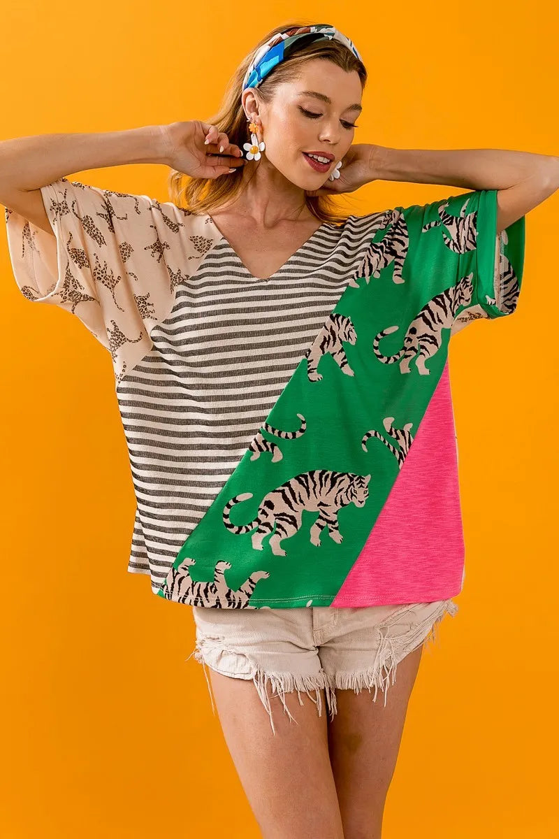 BiBi Tiger W Stripe Contrast Color Block V Neck Top OutfitFlow