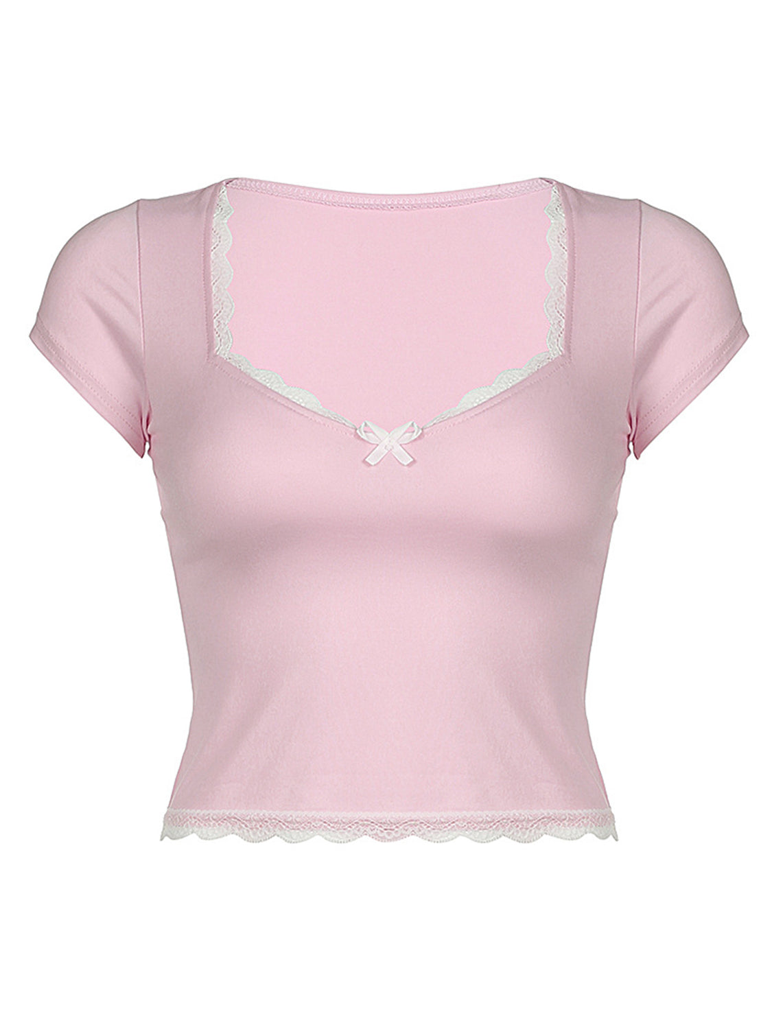 Lace Detail Sweetheart Neck Short Sleeve T-Shirt