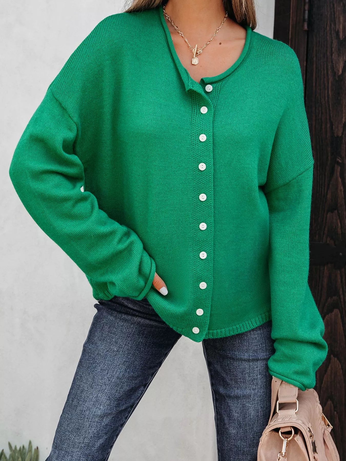 Solid Color Knit Button Drop Shoulder Sweater Cardigan Dark Green OutfitFlow