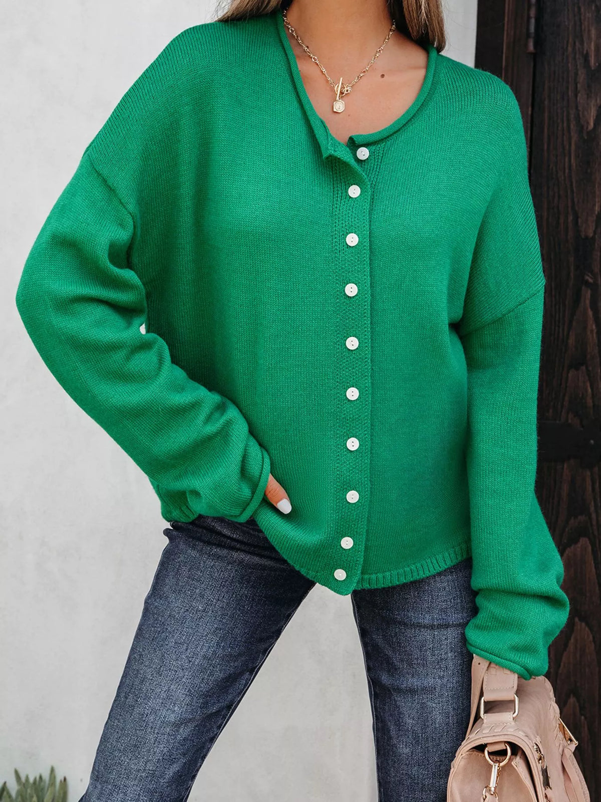 Solid Color Knit Button Drop Shoulder Sweater Cardigan Dark Green OutfitFlow