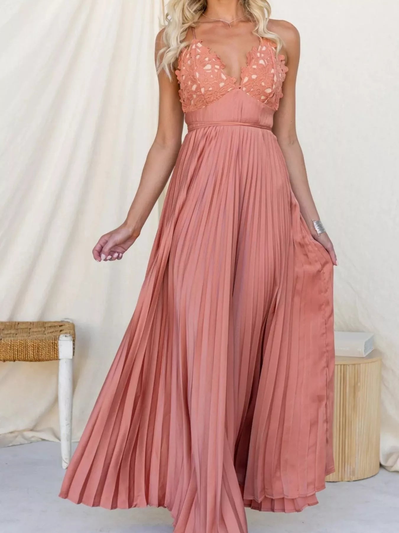 Pleated Backless Maxi Cami Dress Pink OutfitFlow