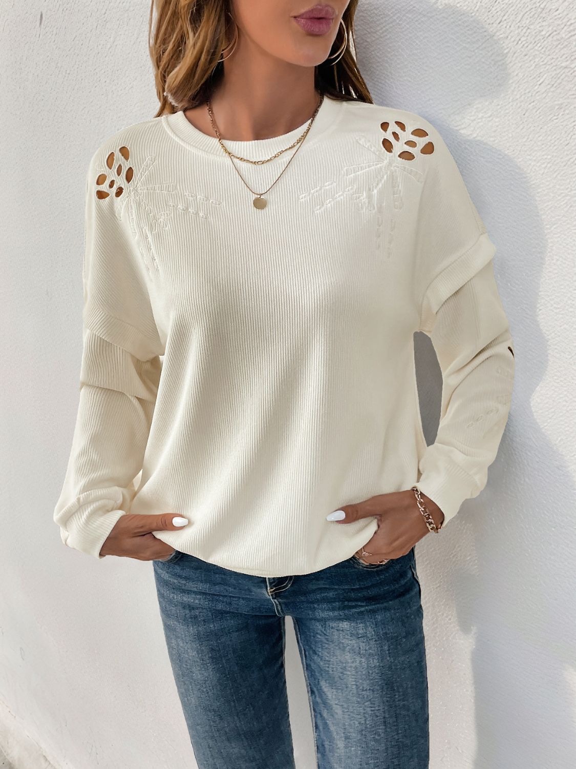 Outfit Flow - Perfee Cutout Round Neck Long Sleeve Sweatshirt