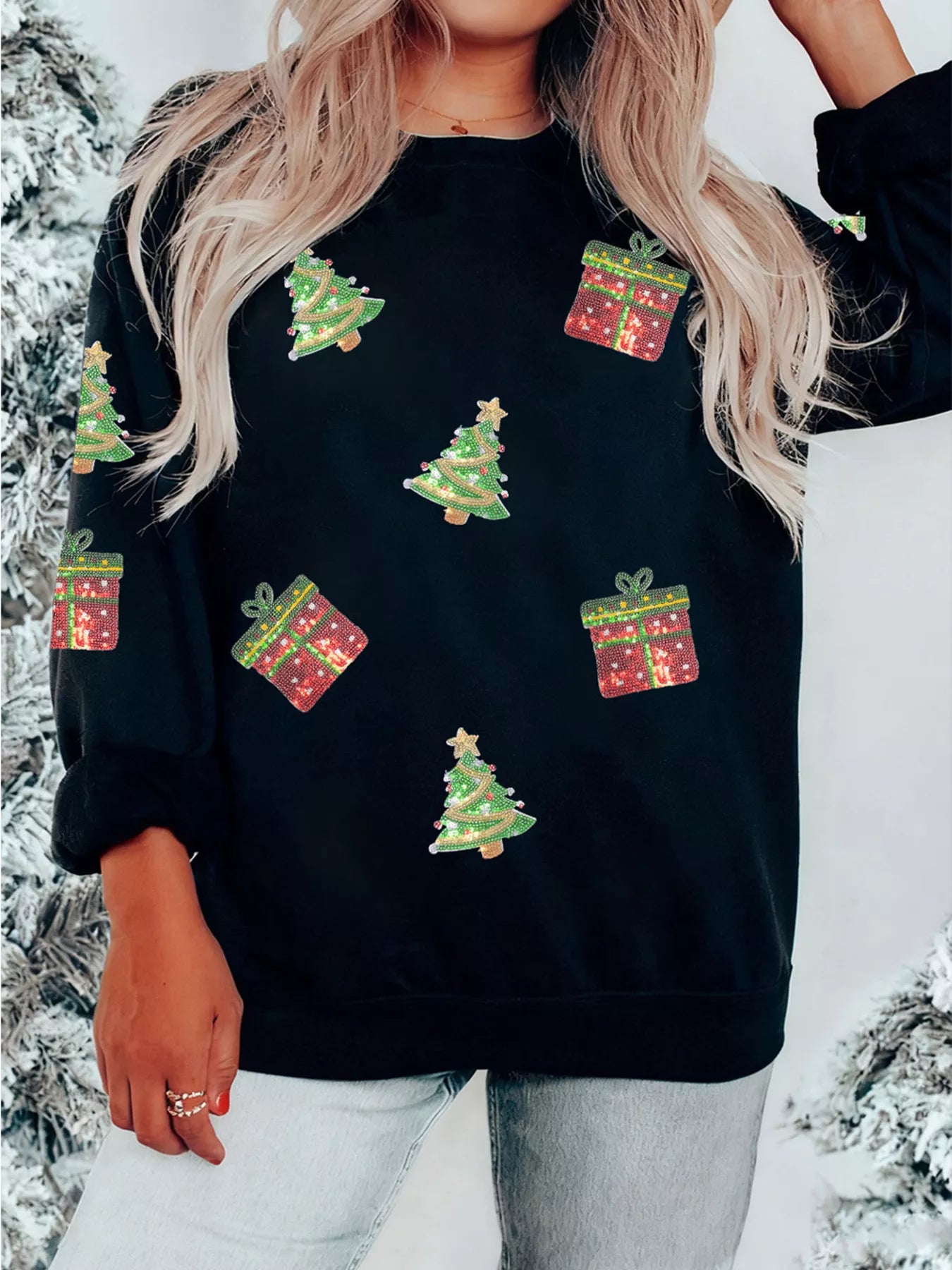 Sequin Christmas Trees Gifts Patched Drop Shoulder Sweatshirt OutfitFlow