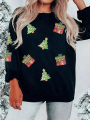 Sequin Christmas Trees Gifts Patched Drop Shoulder Sweatshirt OutfitFlow