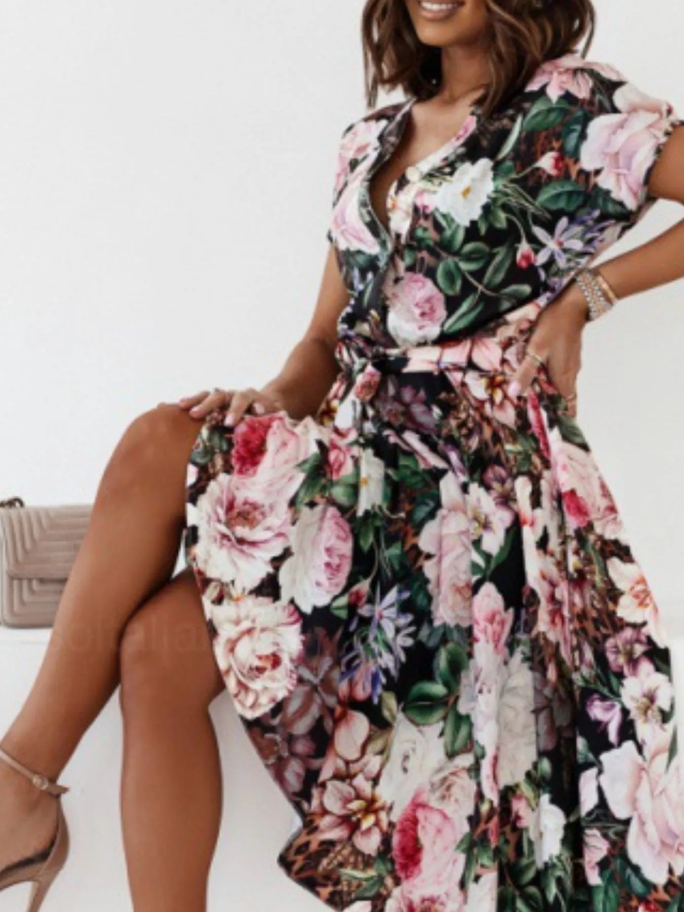 Floral Short Sleeve Midi Dress OutfitFlow