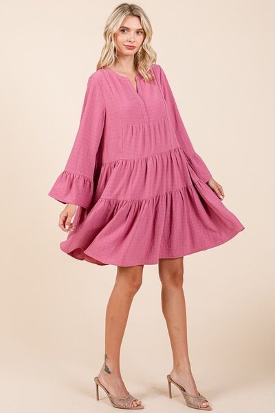 Mittoshop Tiered Notched Flare Sleeve Dress OutfitFlow