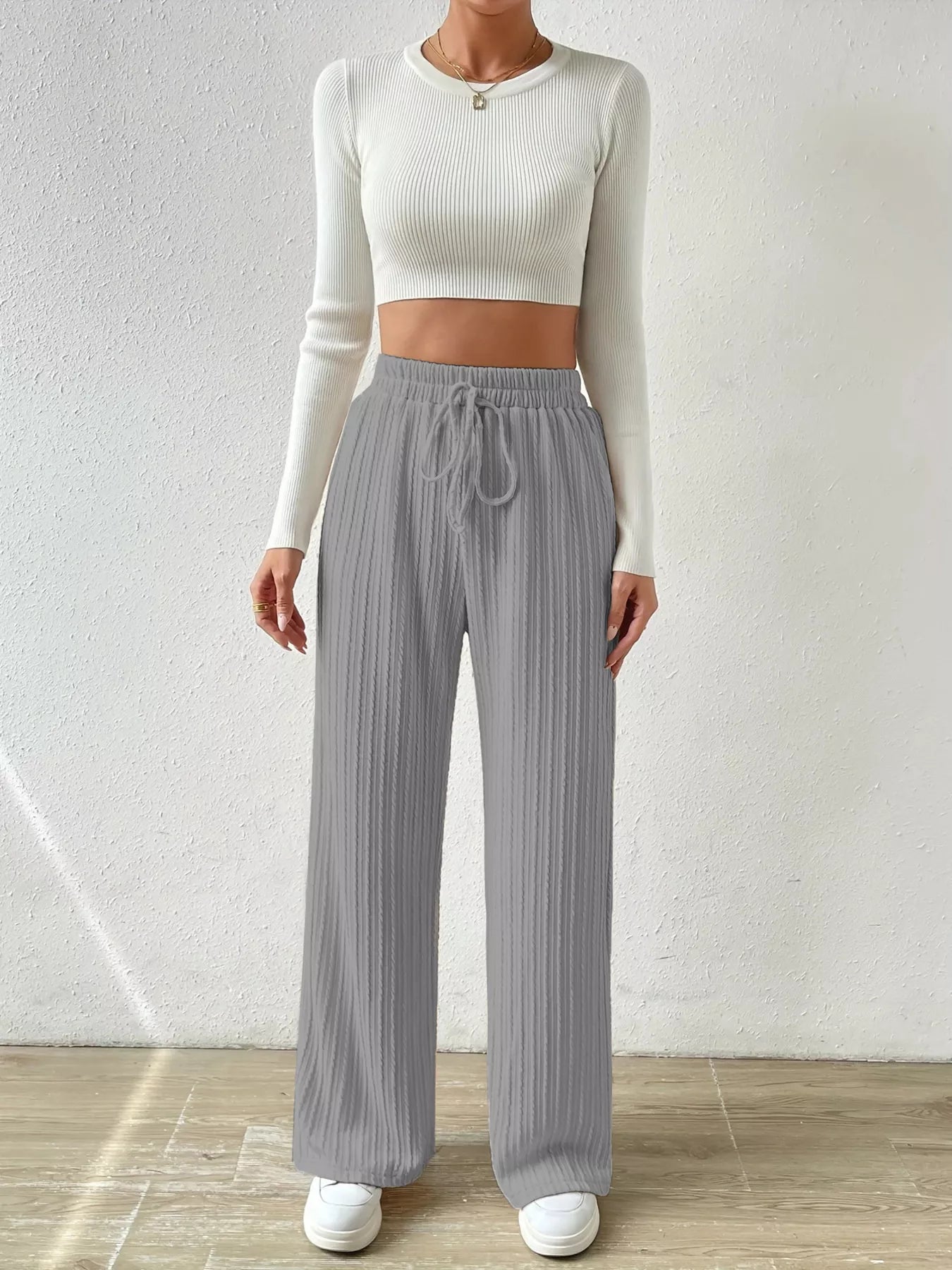 Drawstring Wide Leg Pants Gray OutfitFlow