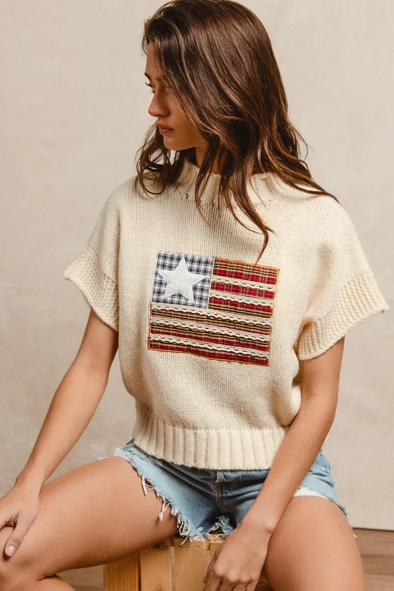 BiBi American Flag Patchwork Drop Shoulder Sweater OutfitFlow