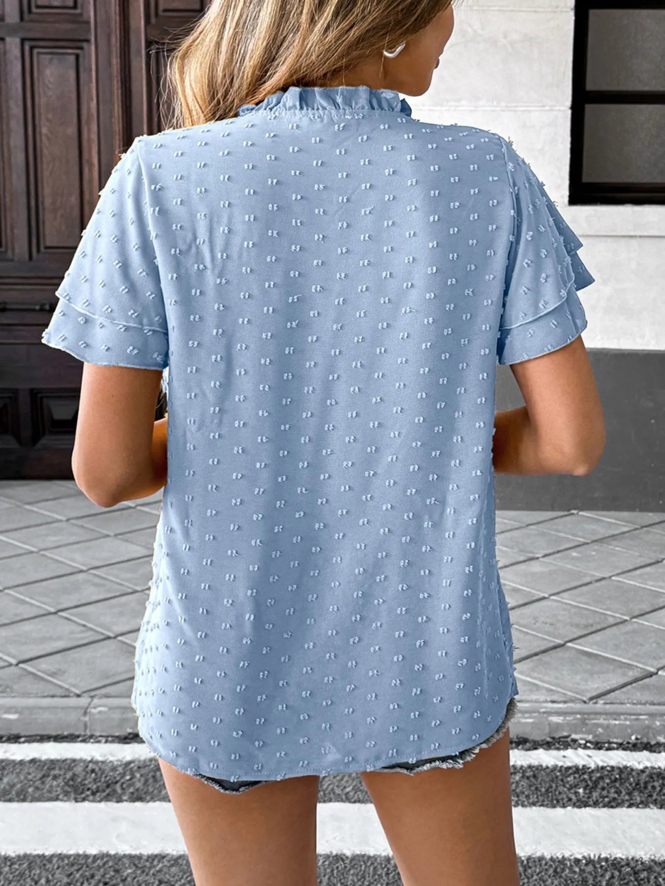 Swiss Dot Flutter Sleeves Blouse OutfitFlow