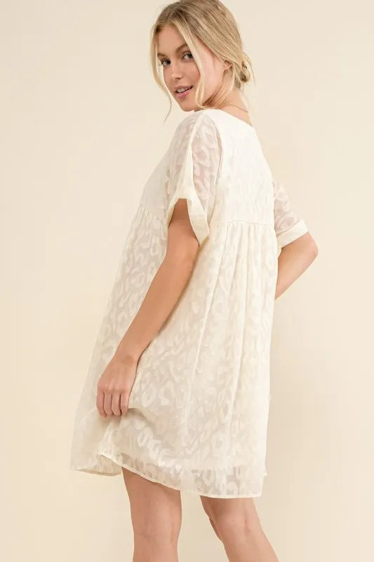 And The Why Woven Leopard Baby Doll Roll-Sleeve Casual Dress OutfitFlow
