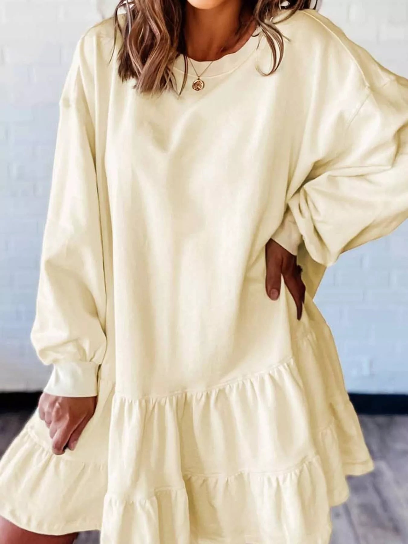 Double Tiered Ruffle Hem Long Sleeve Loose Mini Dress Cream OutfitFlow