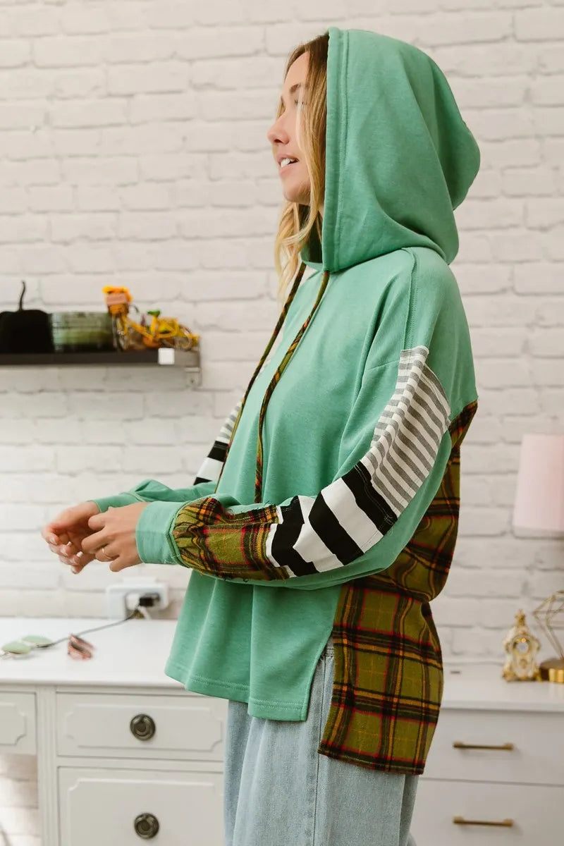 BiBi Plaid With Stripes Mix Match French Terry Hoodie OutfitFlow
