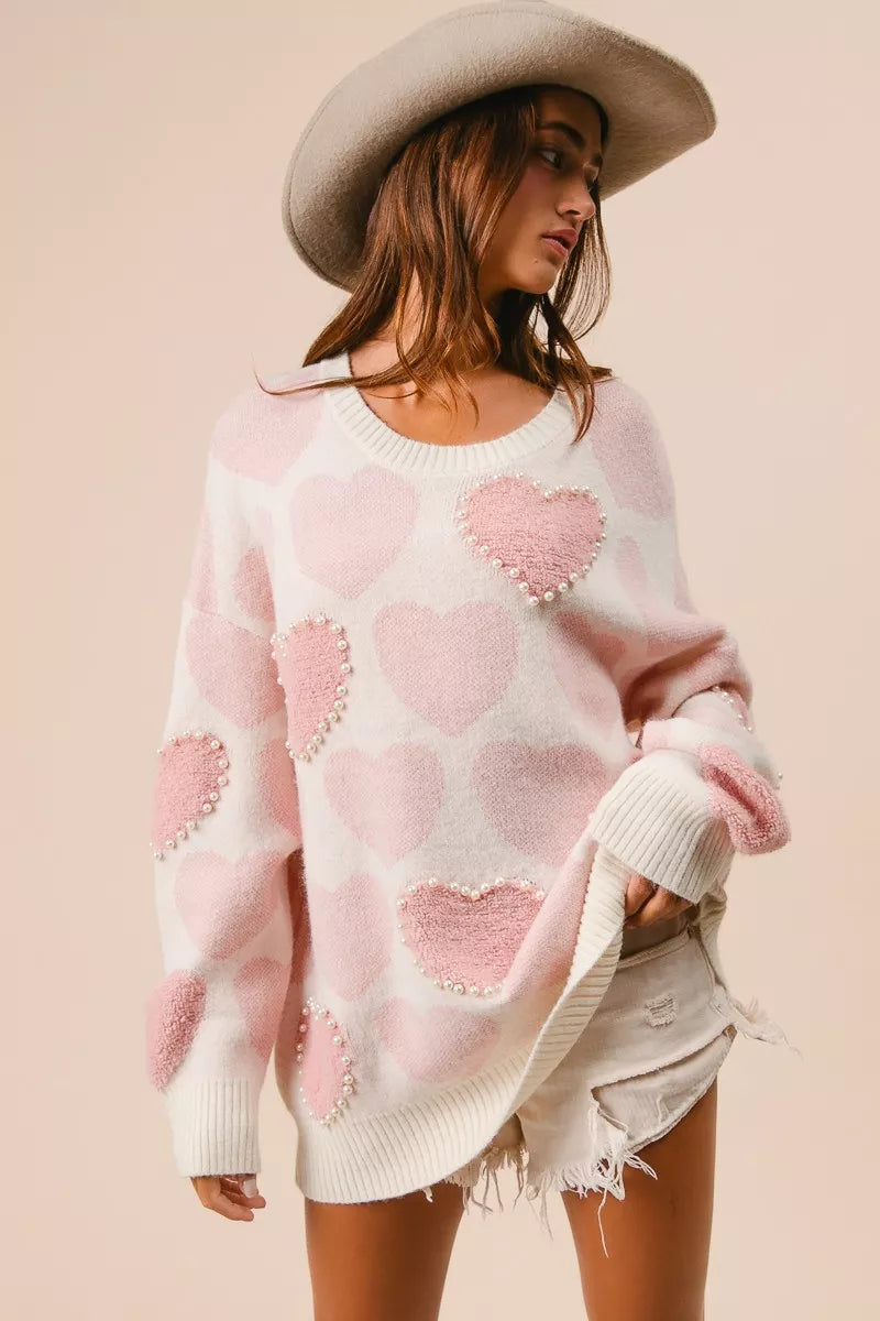 BiBi Heart Pattern Sweater with Pearl Detail OutfitFlow