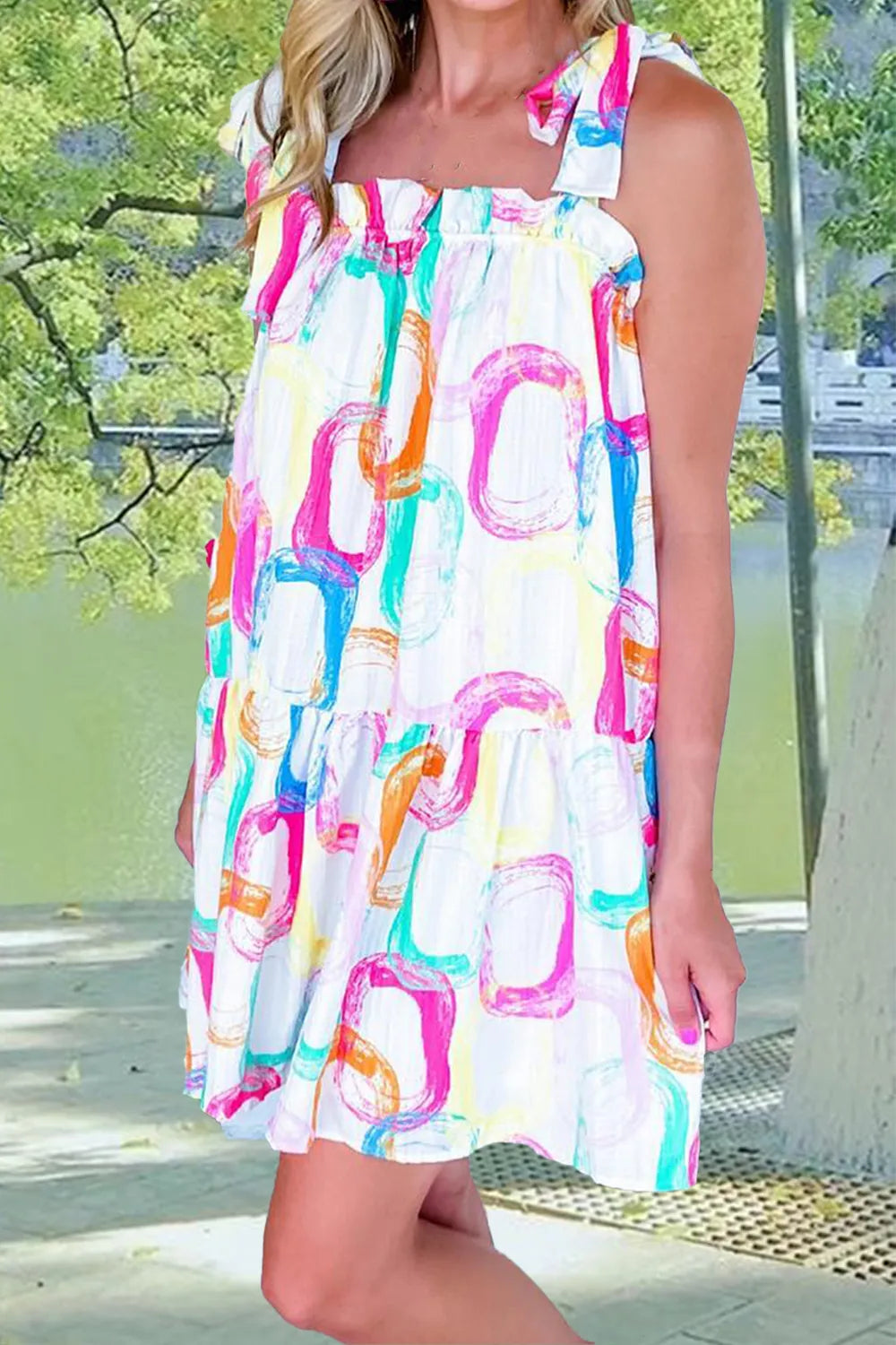 Tied Printed Sleeveless Mini Dress White OutfitFlow