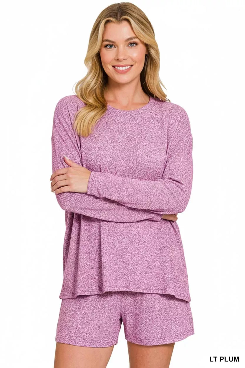 Zenana Soft Melange Long Sleeve Tee and Shorts Set LT PLUM OutfitFlow