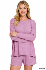 Zenana Soft Melange Long Sleeve Tee and Shorts Set LT PLUM OutfitFlow