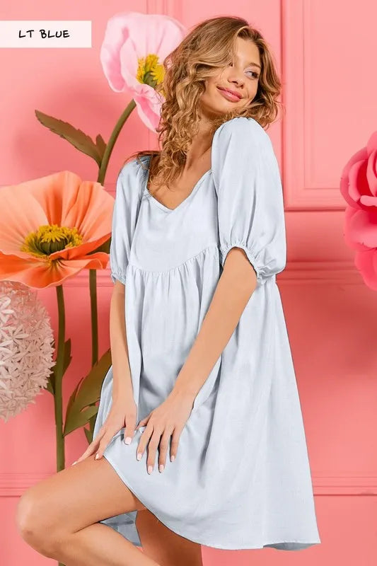 BiBi Washed Linen Tiered Midi Dress with Puff Sleeves LT BLUE OutfitFlow