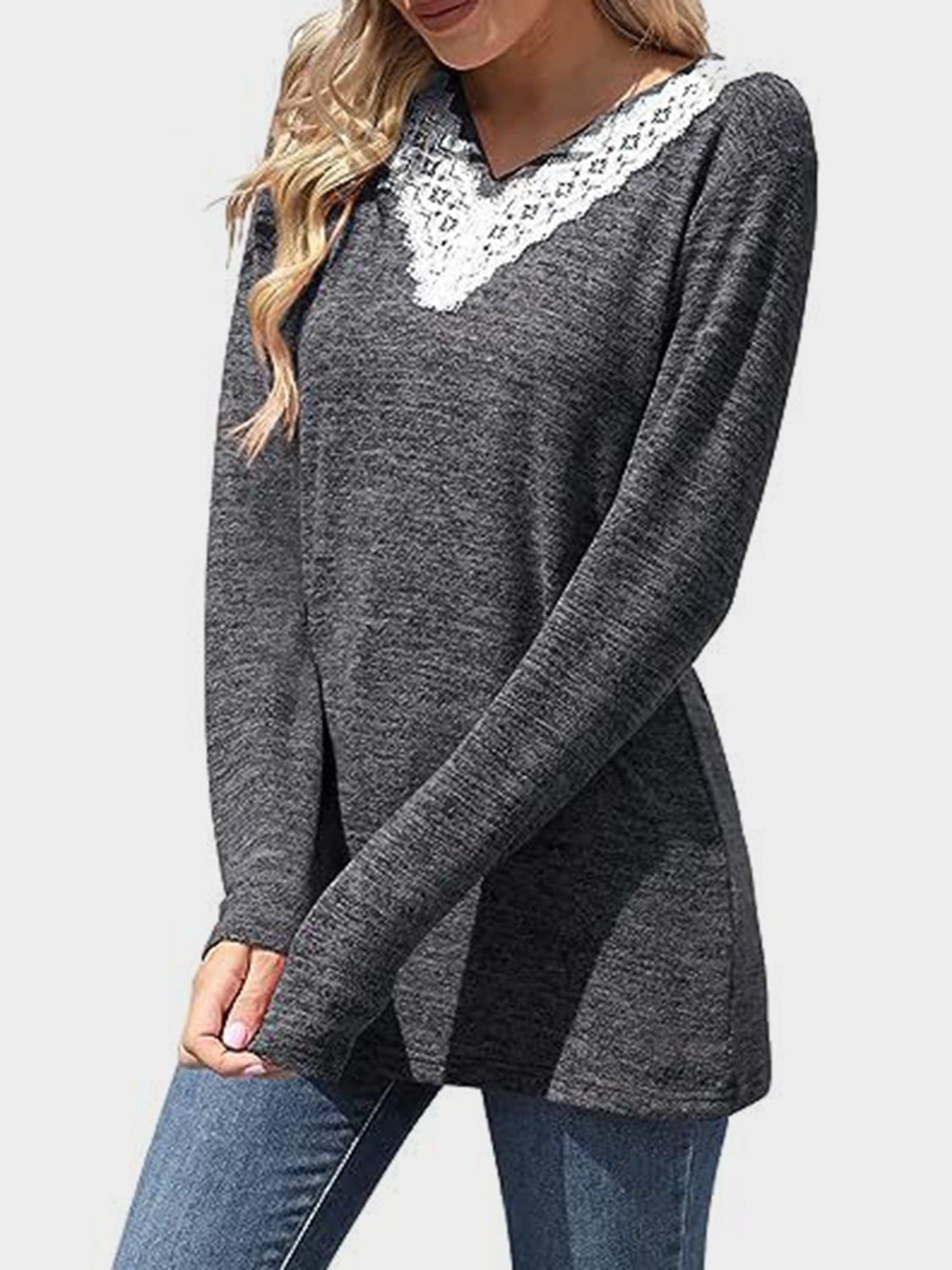 Outfit Flow - Lace Detail V-Neck Long Sleeve T-Shirt