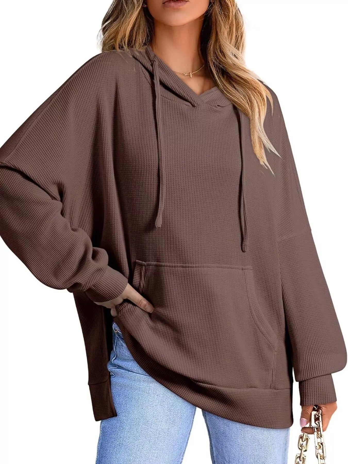 High-Low Hoodie with Kangaroo Pocket Brown OutfitFlow