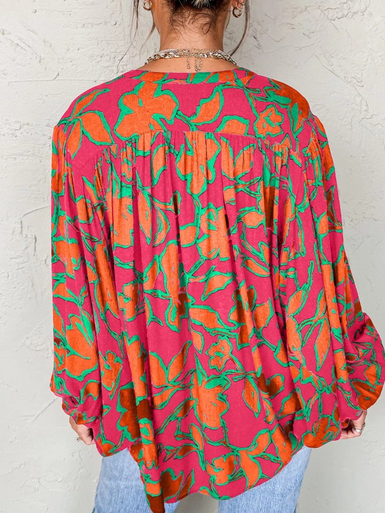 Floral Print Batwing Sleeve Buttoned Loose Fit Shirt OutfitFlow