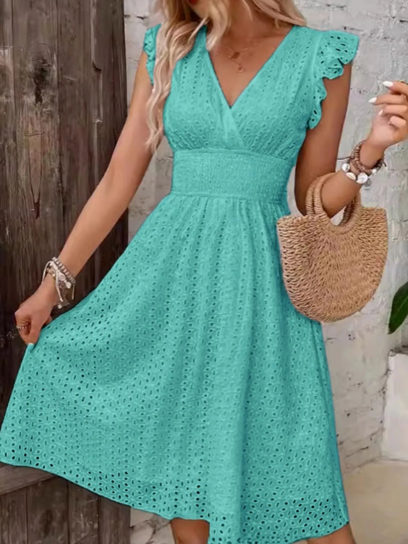 Eyelet Ruffled Cap Sleeve Mini Dress OutfitFlow