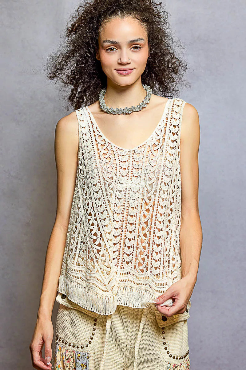POL Crochet Fringe Hem Tank Top NATURAL One Size Trendsi