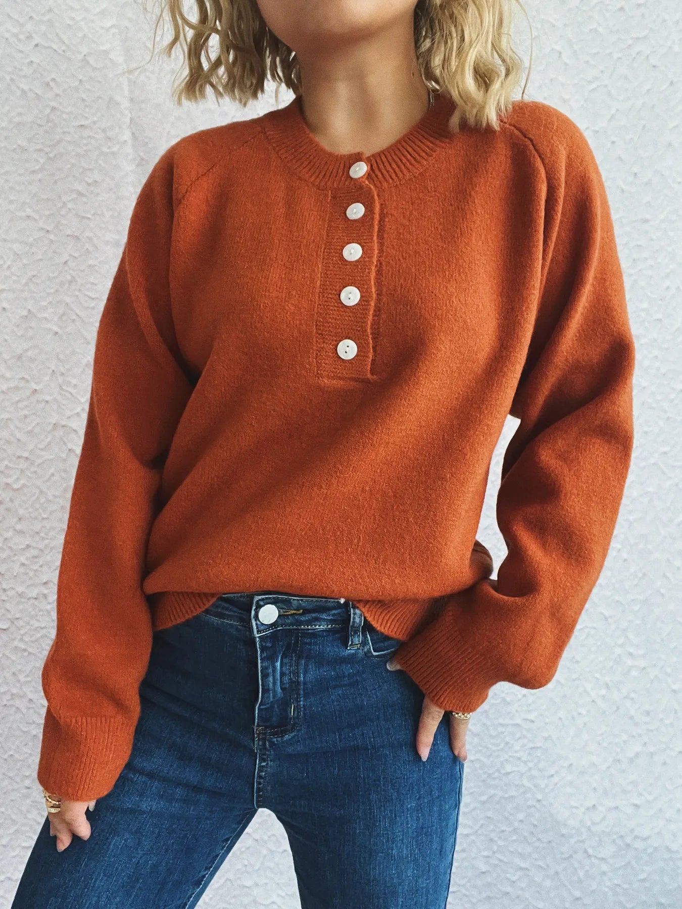 Button-Front Long Sleeve Sweater OutfitFlow