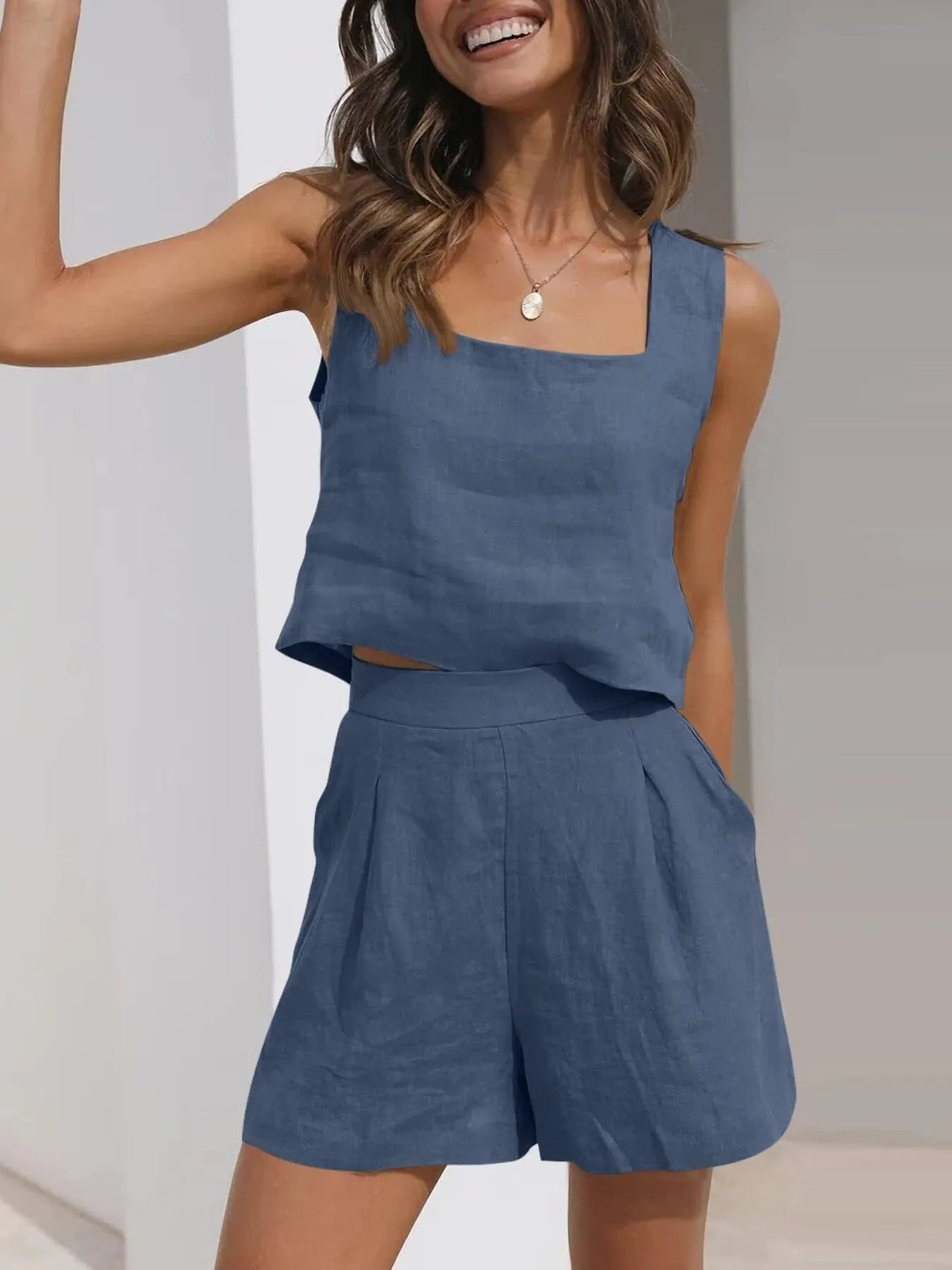 Square Neck Tank and Shorts Set Sapphire Blue OutfitFlow