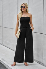 Outfit Flow - Straight Neck Smocked Jumpsuit