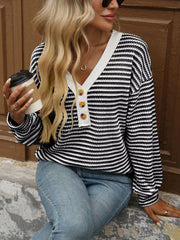 Striped Button Detail Long Sleeve T-Shirt Black Trendsi