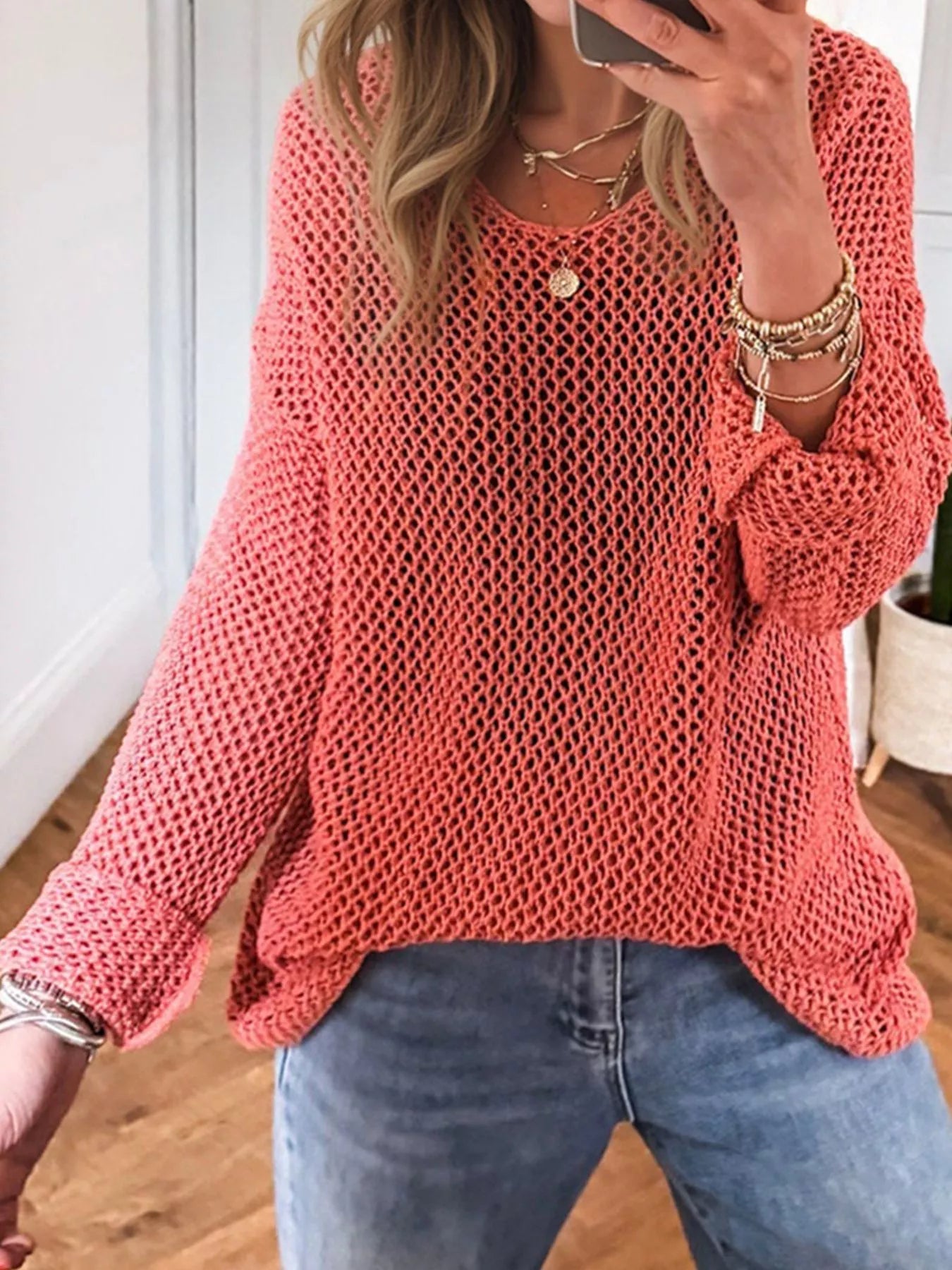 Crochet Hollow Out Long Sleeve Knit Top OutfitFlow