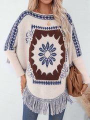 Outfit Flow - Fringe Geometric Long Sleeve Poncho