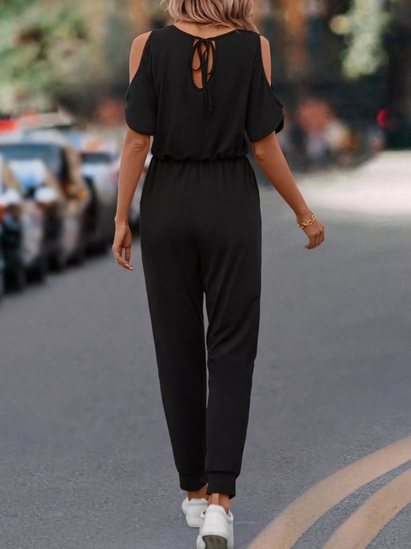 Cold Shoulder V-Neck Drawstring Waist Jumpsuit Trendsi