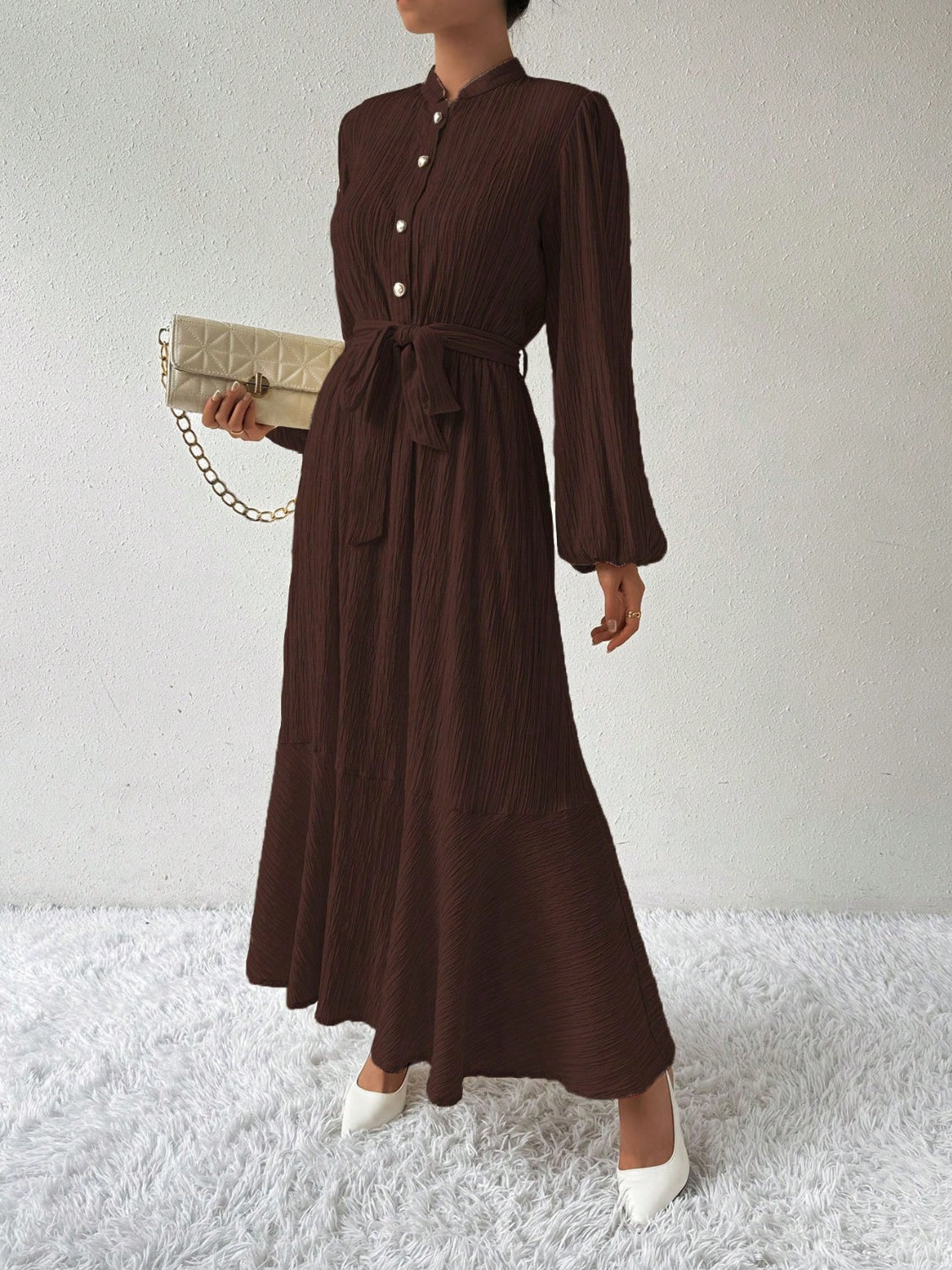 Half Button Tie Waist Long Sleeve Maxi Dress