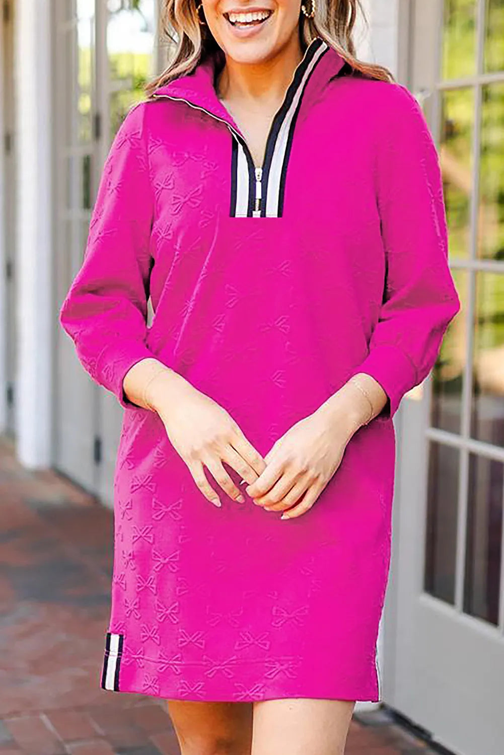 Texture Quarter Zip Long Sleeve Mini Dress Cerise OutfitFlow
