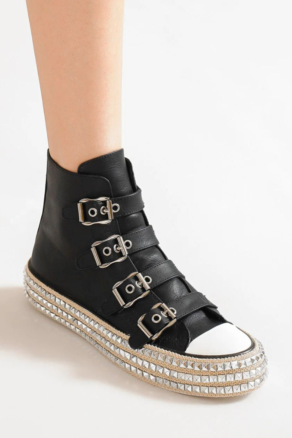 Beast Fashion Multi-Buckle Straps Studded Platform Sneakers OutfitFlow