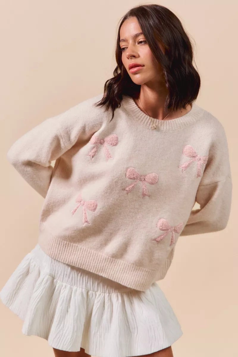 SO ME Embroidered Ribbon Round Neck Sweater OutfitFlow