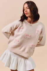 SO ME Embroidered Ribbon Round Neck Sweater OutfitFlow