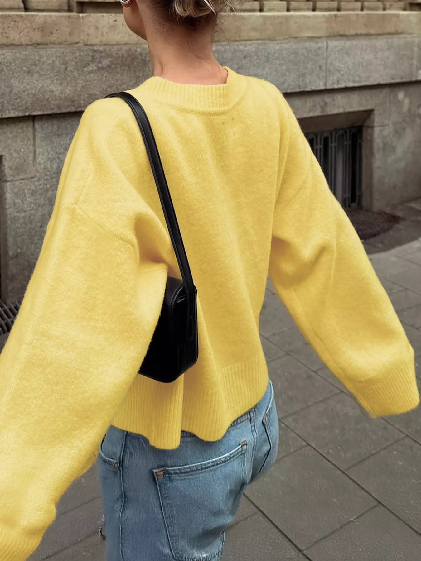 Ribbed Round Neck Dropped Shoulder Sweater OutfitFlow